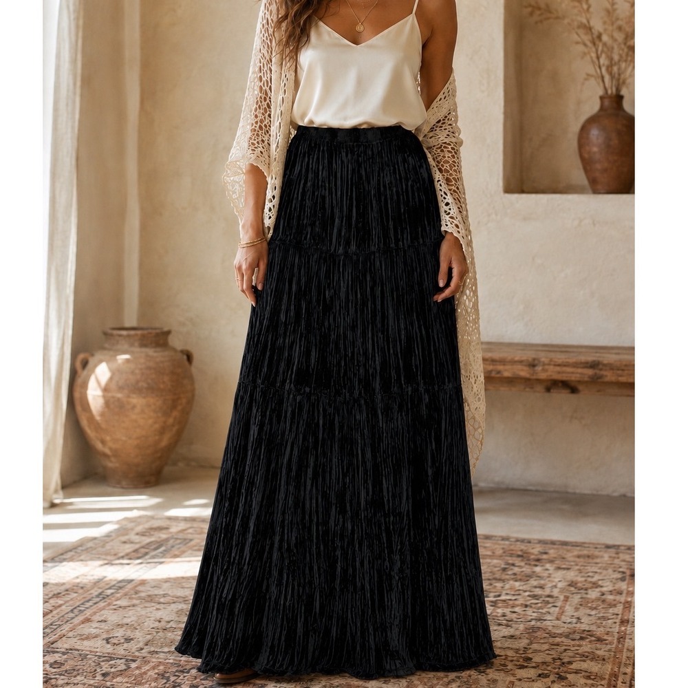Double D Ranch Black Crushed Velvet Tiered Maxi Skirt Western Boho XL xx